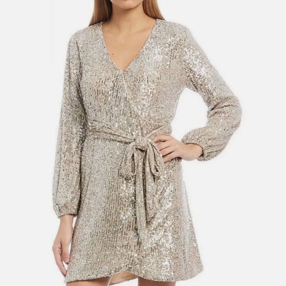 Gianni Bini All Over Silver Sequin Long Sleeve V-Neck Wrap Dress Xs